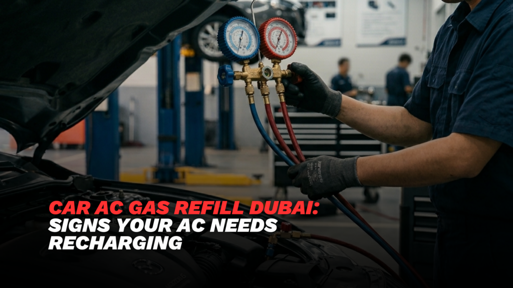 car AC gas refill Dubai technician servicing car air conditioning system