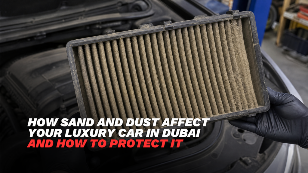 luxury car driving through sand and dust in Dubai