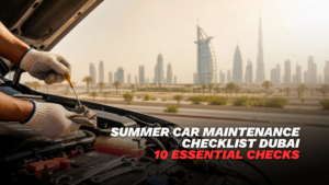 summer car maintenance checklist Dubai technician inspecting luxury vehicle