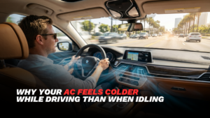 Technician inspecting a luxury car AC system in Dubai